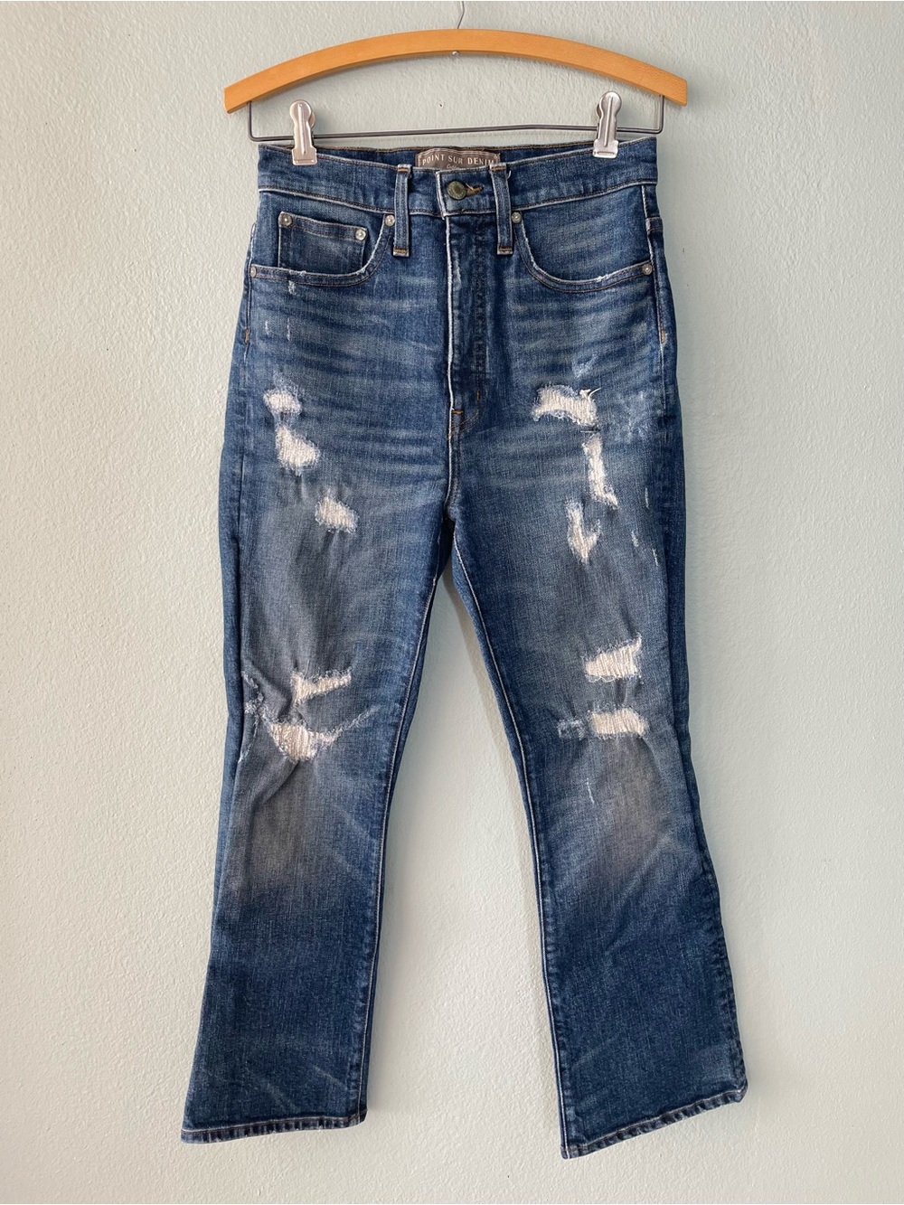 Point Sur Denim | J. Crew Dark-Wash Distressed Xtra High-Rise Flare Crop Jeans